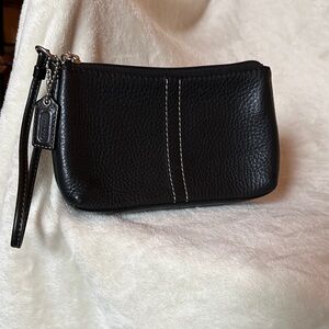 Coach Black Pebbled Leather Wristlet with Contrast Stitching